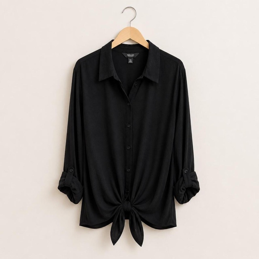 Black Roll Tab Sleeve Tie Front Button Up Blouse‎ Minimalist Capsule Old Money